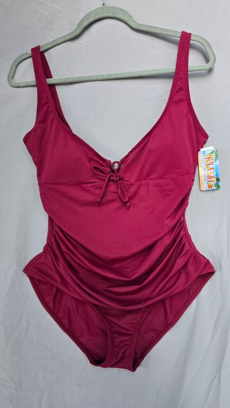 NWT Hula Bay Swimsuit Womens Large Red Kona One Piece Ruched Drawstring